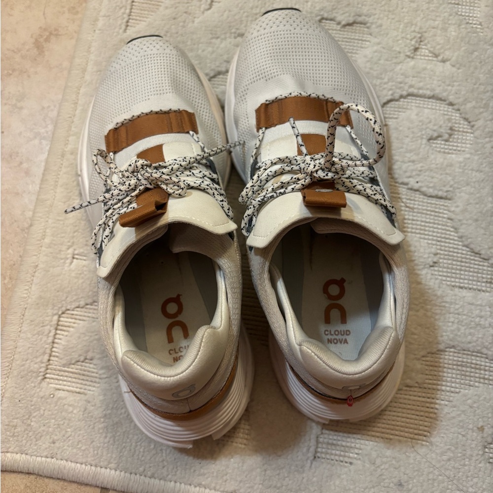 On Running Shoes, Cloudnova Sneakers in White Pearl and Tan, size 8